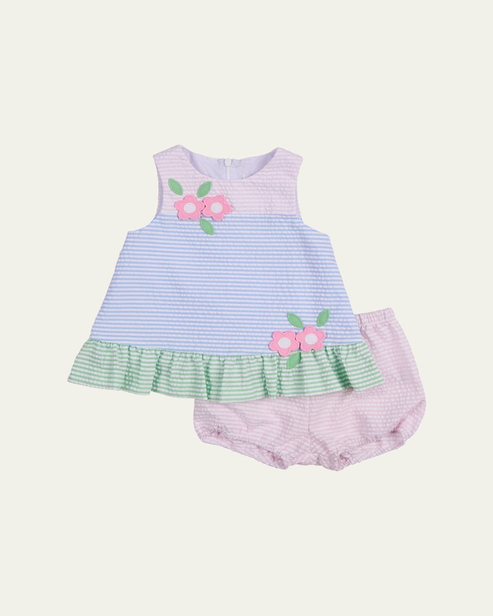 Girl's Flowers Stripe Seersucker Dress and Bloomers Set, Size 3M-24